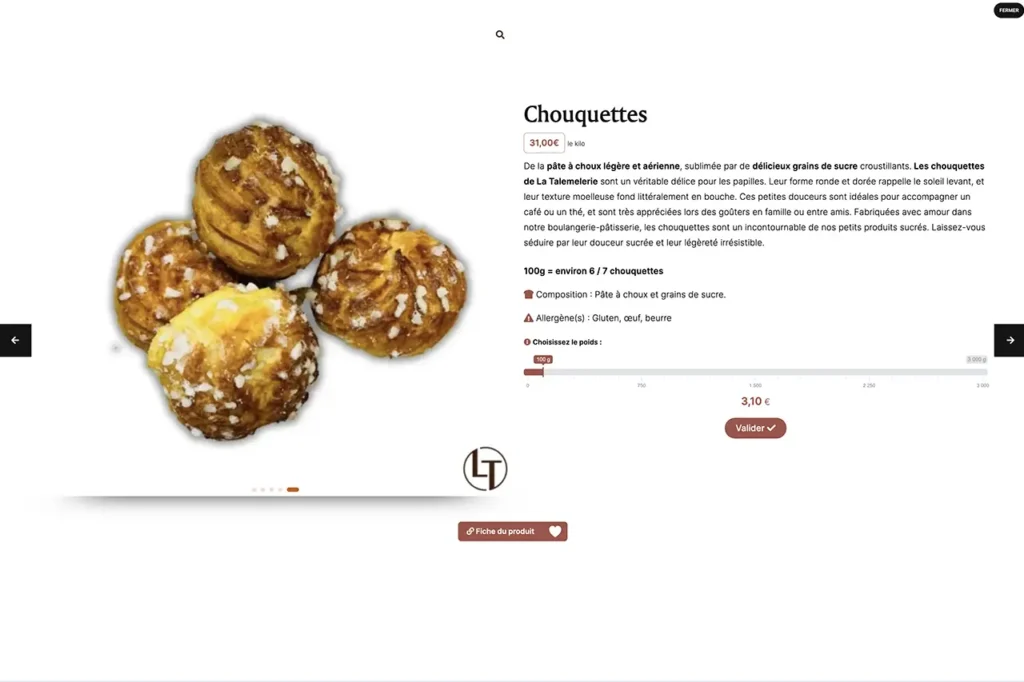 Gestion personnalisée de la vente de produits au poids sur le site e-commerce de la boulangerie pâtisserie La Talemelerie à Grenoble et Chambéry