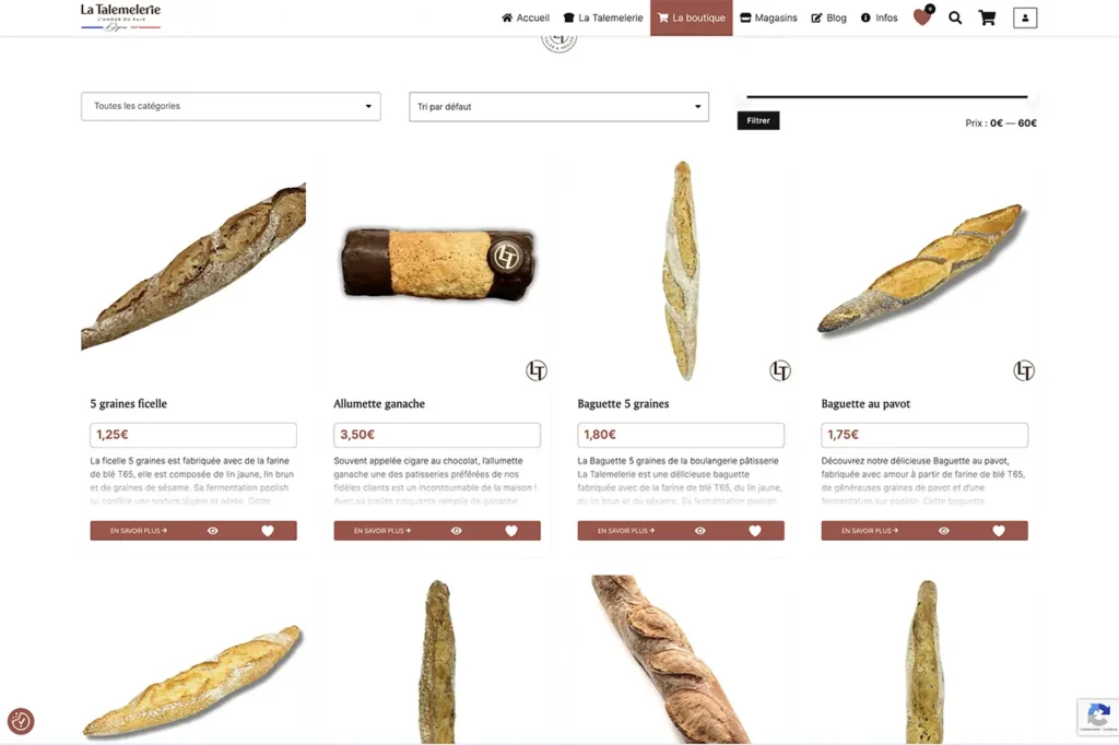 Liste des produits du site e-comemrce des boulangeries pâtisseries La Talemelerie à Grenoble et Chambéry