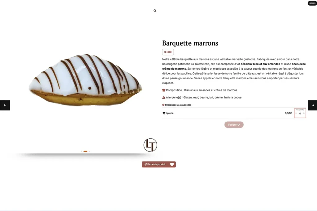Système sur mesure d’aperçu rapide des produits (quickview) sur le site marchand de la boulangerie pâtisserie La Talemelerie à Grenoble et Chambéry